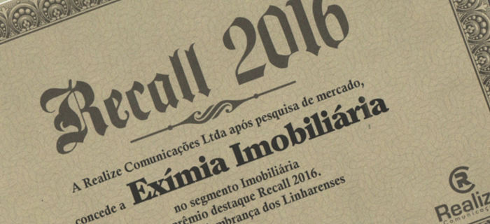 Cliente ville Imob conquista prêmio Destaque Recall 2016 Linhares ES